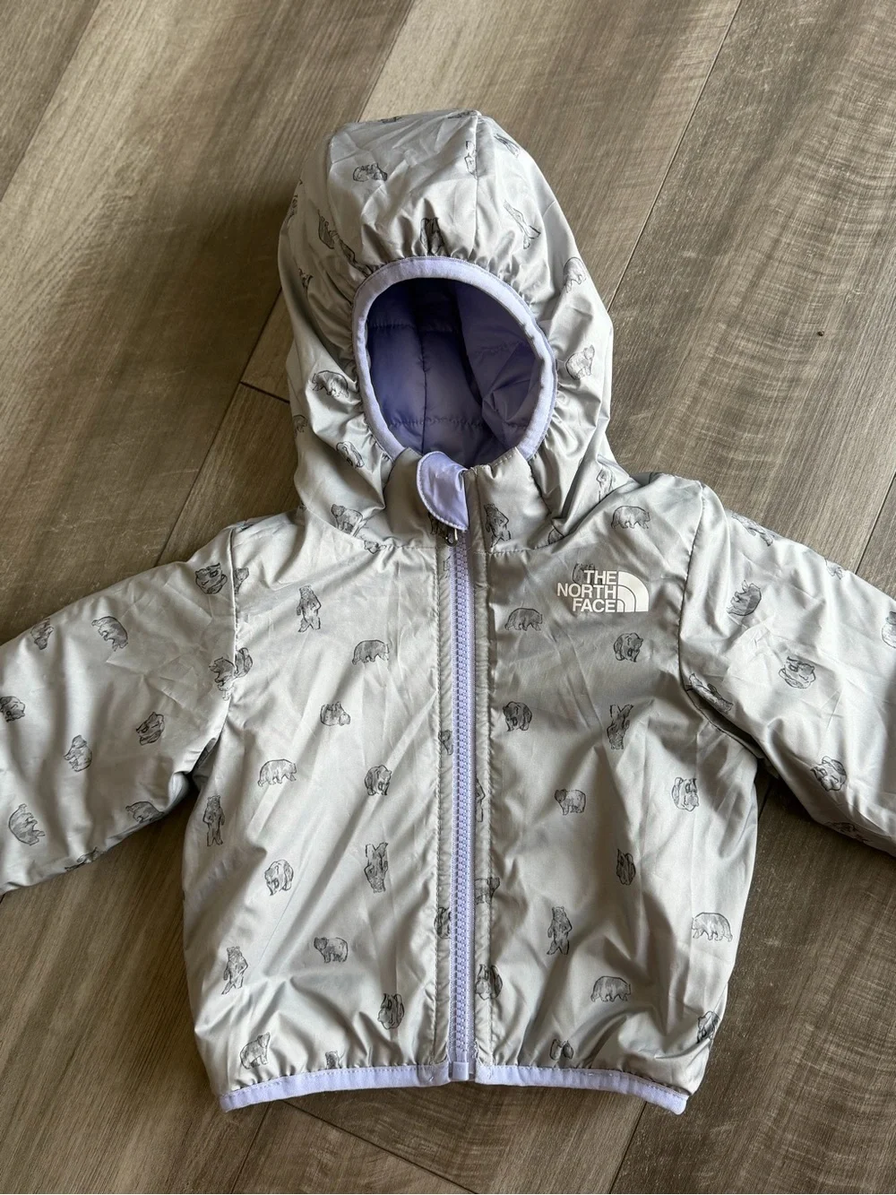 The North Face Baby Girl Reversible Perrito Jacket Purple Gray Bears Sz 6-12m